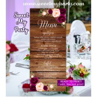 Rustic Wedding Menu card, Burgundy Menu card, (93w)